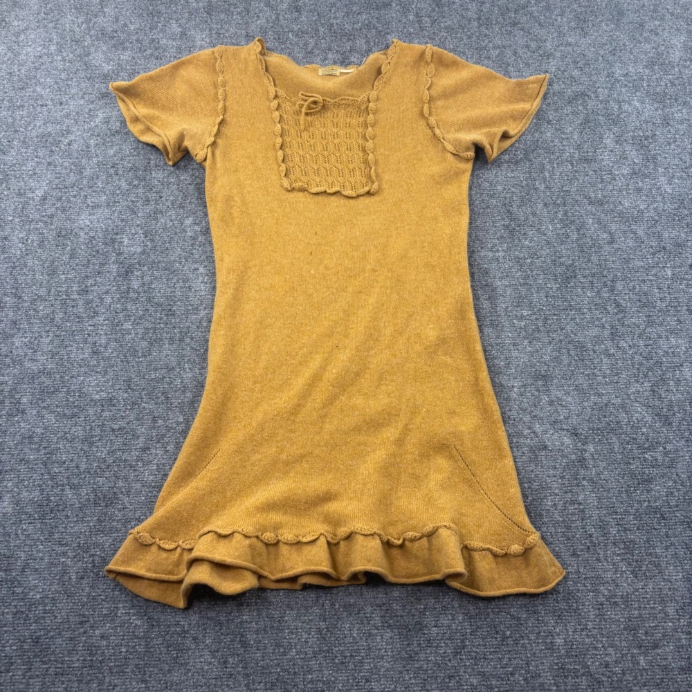 Max Studio Sweater Dress S Yellow 100% Cashmere Ruffle Crochet Knit Mini Womens